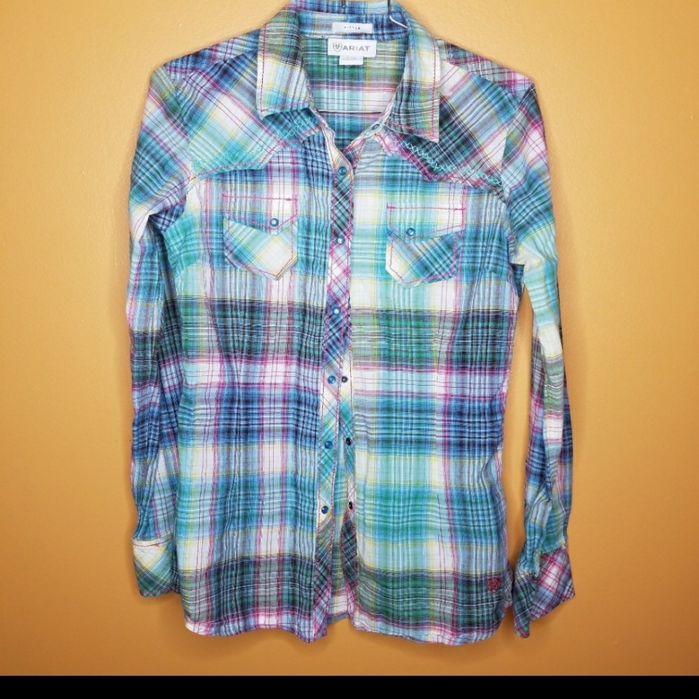 Ariat Fitted Western Plaid Pearl Button Down Med